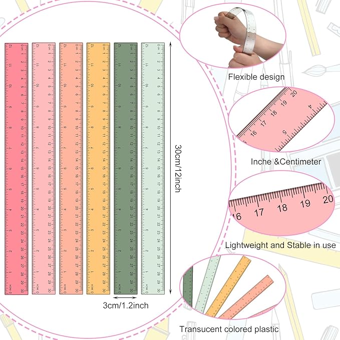 Panelee 108 Pcs 12 Inch Plastic Ruler Color Transparent Colorful Metric Clear Ruler with Inches and Centimeters for Kids School Home Classroom Office Back to School Gifts Supplies