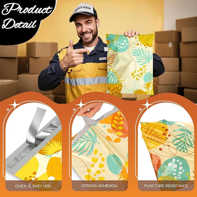 Colorful Leaves Poly Mailer 6x9 Inch 100 Pcs, Waterproof Shipping Bags for Clothing, Tear-Resistant Mailier Bags, Strong Mailing Bags with Self-Seal