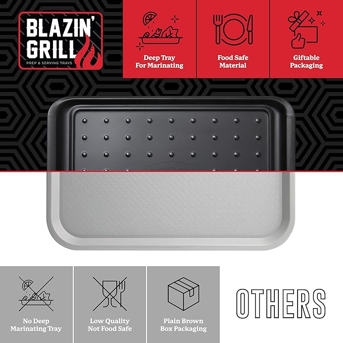 BLAZIN' GRILL Prep and Serve Trays | Set of 2 Stackable, Melamine Trays | Serving Tray & Marinating Tray | Serving Platter for Plating Food & BBQ Prep Tub for Marinating Meats | Grill Accessories |