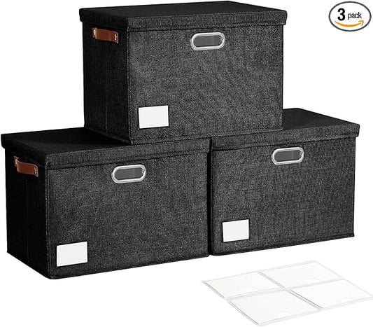 17" Large Collapsible Storage Bins with Lids, Stackable Closet Organizers with PU Handle and Labels, 3-Pack Decorative Fabric Storage Boxes for Home, Bedroom, Closet, Office, Nursery(Black)