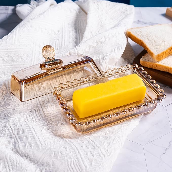 Glass Butter Dish with Lid for Countertop, Champagne Color Crystal Covered Butter Stick Holder Tray, Glass Butter Storage Container for Refrigerator