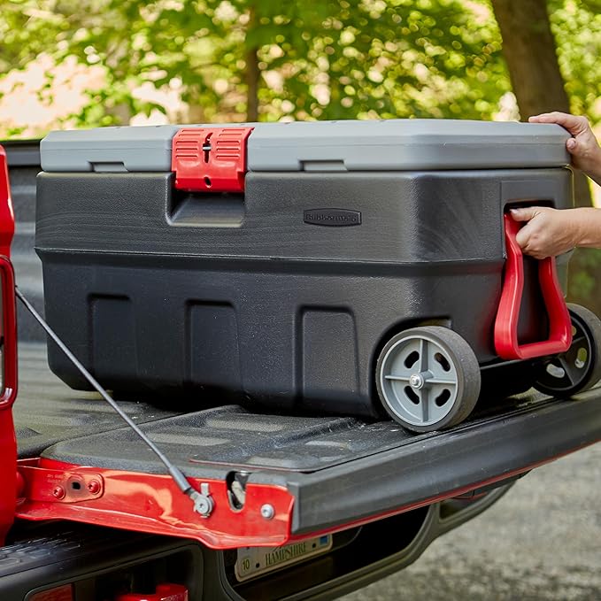 Rubbermaid ActionPacker 35 Gallon, Made in USA, Lockable Plastic Storage Bin with Lid and Wheels- Outdoor, Industrial, Rugged, Camping Gear and Truck Bed Storage - Gray and Black