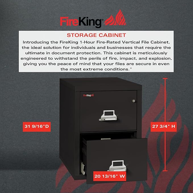 FireKing Vertical 2 Drawer Letter Fire Safe File Cabinet with Key Lock, 1 Hour Fire Rated, UL Rated & Water Resistant Home Safe, Made in The USA, Black