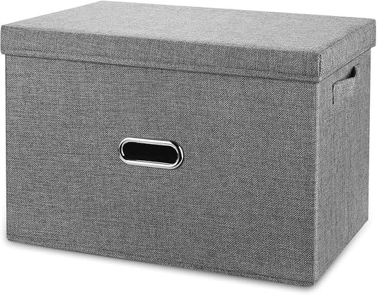 Large Linen Fabric Foldable Storage Bins with Removable Lid and Handles, Washable Storage Box Organizer Containers Baskets Cube with Cover for Bedroom,Closet,Office,Nursery (Grey, XXL)
