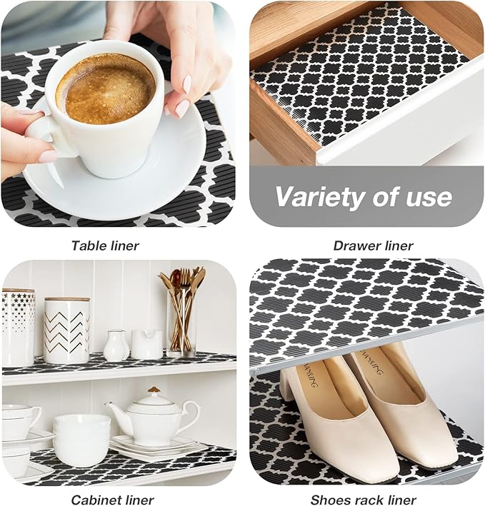 Glotoch Shelf Liners for Kitchen Cabinets 17.5” x 30 ft, Non Slip Drawer Liner, Waterproof Cabinet Liner for Wire/Pantry/Closet/Dresser-Non Adhesive, Heavy Duty, Quatrefoil, Black&White