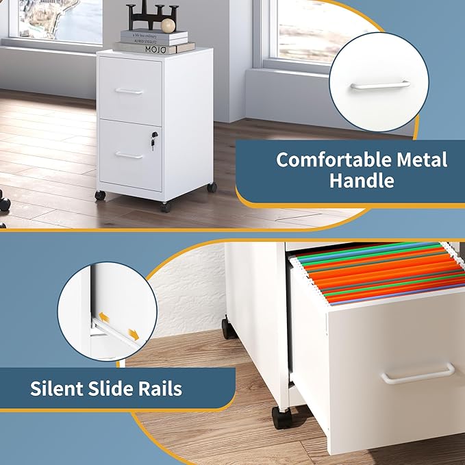2 Drawer File Cabinet on Wheels, Mobile Filing Cabinets with Lock, Metal Storage Cabinet, Vertical Filing Cabinets for Home Office, Rolling File Cabinet for Under Desk, Amssebly Required,White