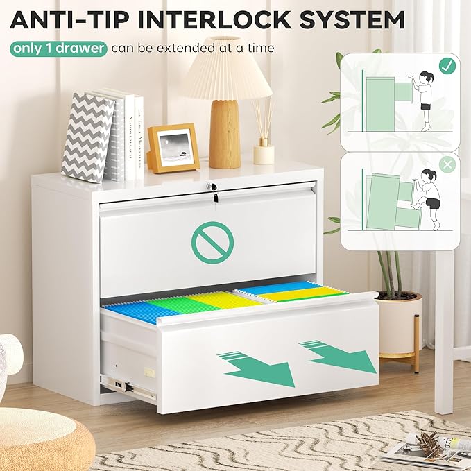 Bonusall Lateral File Cabinet with Lock, 2 Drawer Locking Lateral Filing Cabinet for Legal/Letter Size, Metal Horizontal File Organizer with Hanging Rack for Home Office, Heavy Duty, White