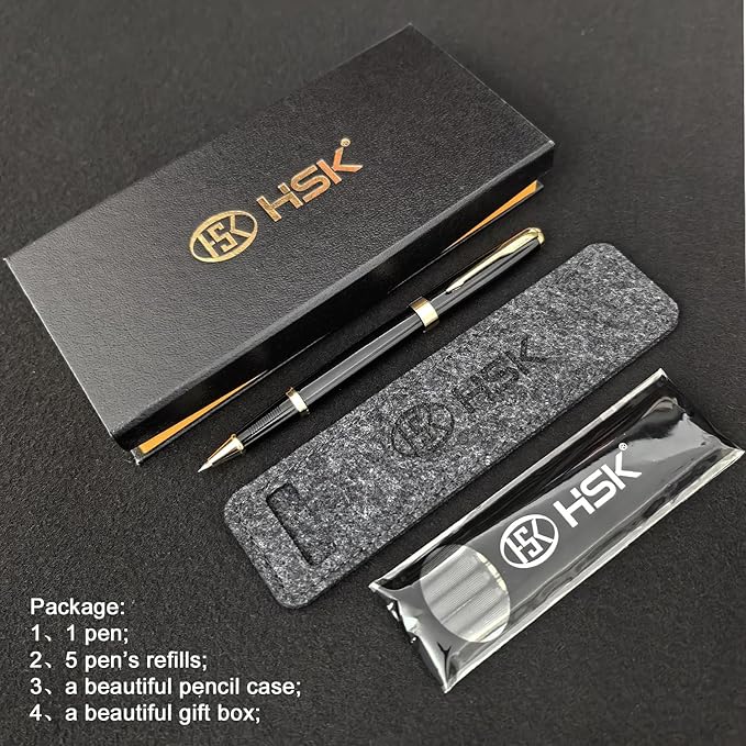 HSK Ballpoint Pens Executive Fountain Pen with Gold Trim, Gift Box Set, Available in Black, Red, Navy Blue,Black Refill Line width 0.5mm (Black)