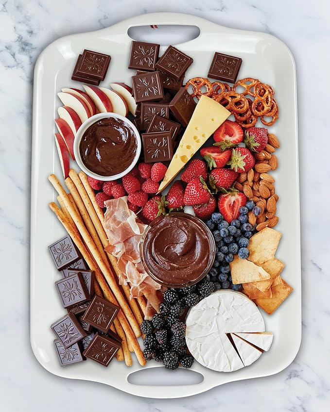 Large Melamine Serving Tray with Handles, 17.5 x 12 in Rectangular Melamine Serving Platter, Dishwasher Safe Trays for Eating, Appetizer, Charcuterie, Snack, Fruit, Desserts, Set of 2, White