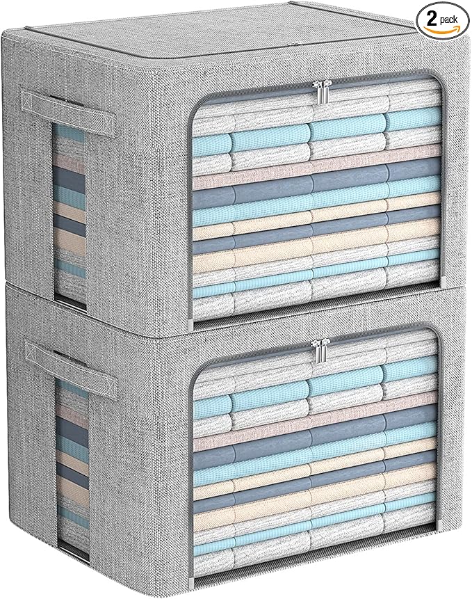 FHSQX 2 Pack Clear Window Storage Bins - Large Stackable Linen Fabric Storage for Clothes Foldable Container Organizer Set with Carrying Handles (Light Gray, 15.7x 11.8x 11.7 Inch)