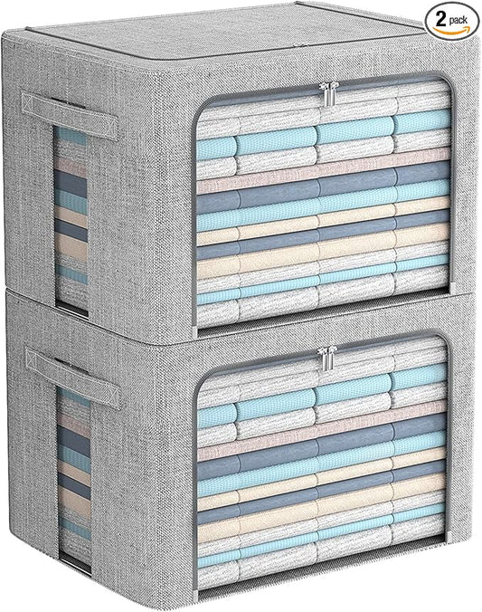FHSQX 2 Pack Clear Window Storage Bins - Large Stackable Linen Fabric Storage for Clothes Foldable Container Organizer Set with Carrying Handles (Light Gray, 15.7x 11.8x 11.7 Inch)