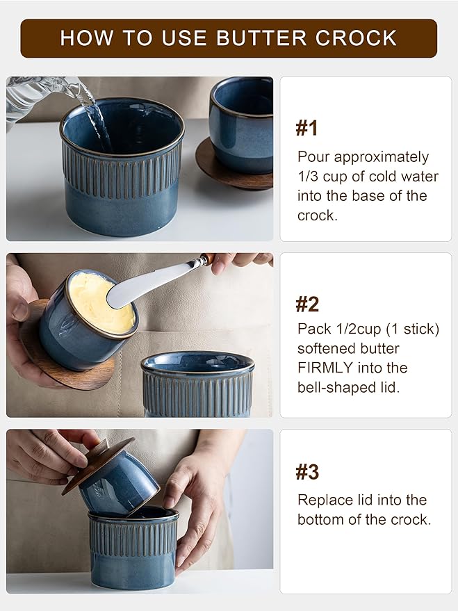 Ceramic Butter Dish with Lid, Butter Crock for Countertop, French Butter Keeper, Elegant Embossed Pattern, Blue