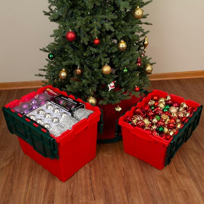 Akro-Mils KeepBox 18 Gallon Storage Container, Nesting and Stackable Plastic Storage Box with Lid Attached, Clear Tote for Garages, Closets, and Moving, 21" x 15" x 17", Red/Green