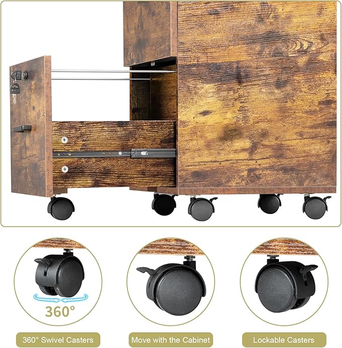 VINGLI 2-Drawer Small Rolling File Cabinet with Lock, Wood Filing Cabinet for Hanging Letter Size Filings with Tabs, Mobile Under Desk File Cabinets for Home Office, Rustic Brown, 27.2" H