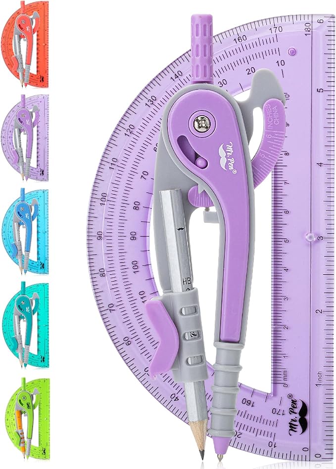 Mr. Pen- Compass and Protractor Set, Purple, Compass Geometry Tool, Protractor and Compass Set, Compass Drawing Tool, Drawing Compass, Protractor Set, Geometry Compass, Back to School Supplies