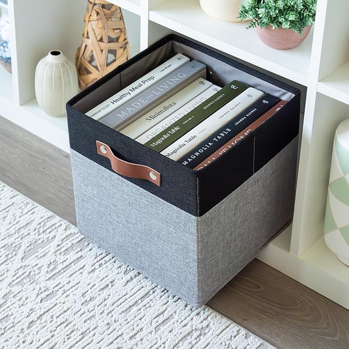 OrganiHaus 11" x 11" x 11" Fabric Cube Storage Bins - Set of 4, Canvas Cubby Bins with Vegan Handles, Square Storage Cubes, Kallax Storage Cubes, 11 Inch Cubic Baskets for Shelves in Gray/Black