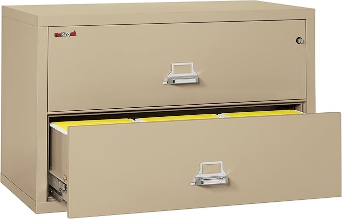 FireKing Fireproof Lateral File Cabinet (2 Drawers, Impact Resistant, Water Resistant), 27.75" H x 44.5" W x 22.13" D, Parchment