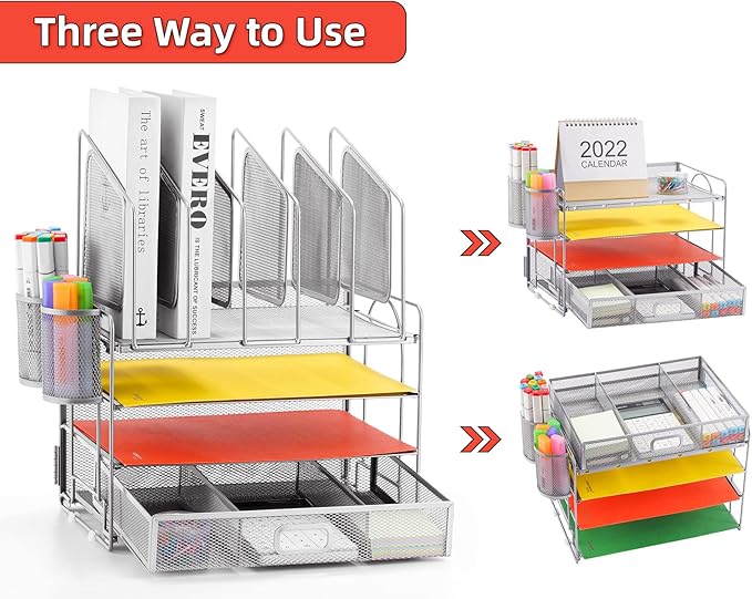 Marbrasse Desk Organizers, 4-Tier Mesh Desk File Organizer with 5 Vertical File Holders and 2 Pen Holders, Multifunction Desktop Organizer,Desk Organizers and Accessories for Home Office (Silver)