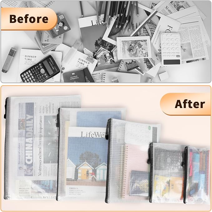 Umriox Zipper Mesh Document Pouch, 6 Assorted Size (Black, 18 Packs), Clear Zipper Pouches, Waterproof Travel Pouch for Office Supplies, Puzzles, Board Games and Craft Projects