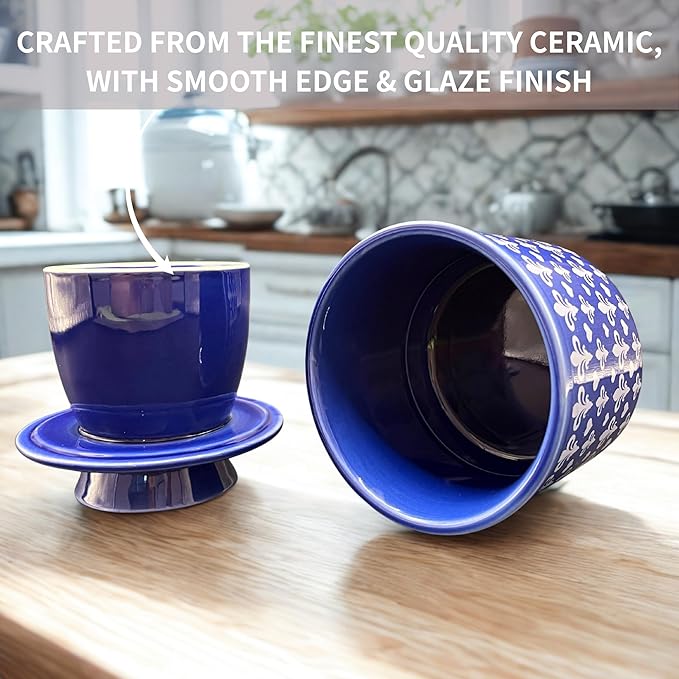 Butter Crock with Lid for Countertop, Butter Keeper Crock with Water, French Butter Dish Ceramic, Butter Holder with Lid for Spreadable Butter, Butter Container for Counter (Blue Fleur, Navy)