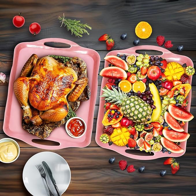 LEHAHA Melamine Serving Tray with Handles, 17.25 x 12 Inch Aesthetic Serving Platters and Trays with Curved Sides, Tray for Lunch, Coffee, or Breakfast, 4pcs Set, Silicone placemats Included,Pink