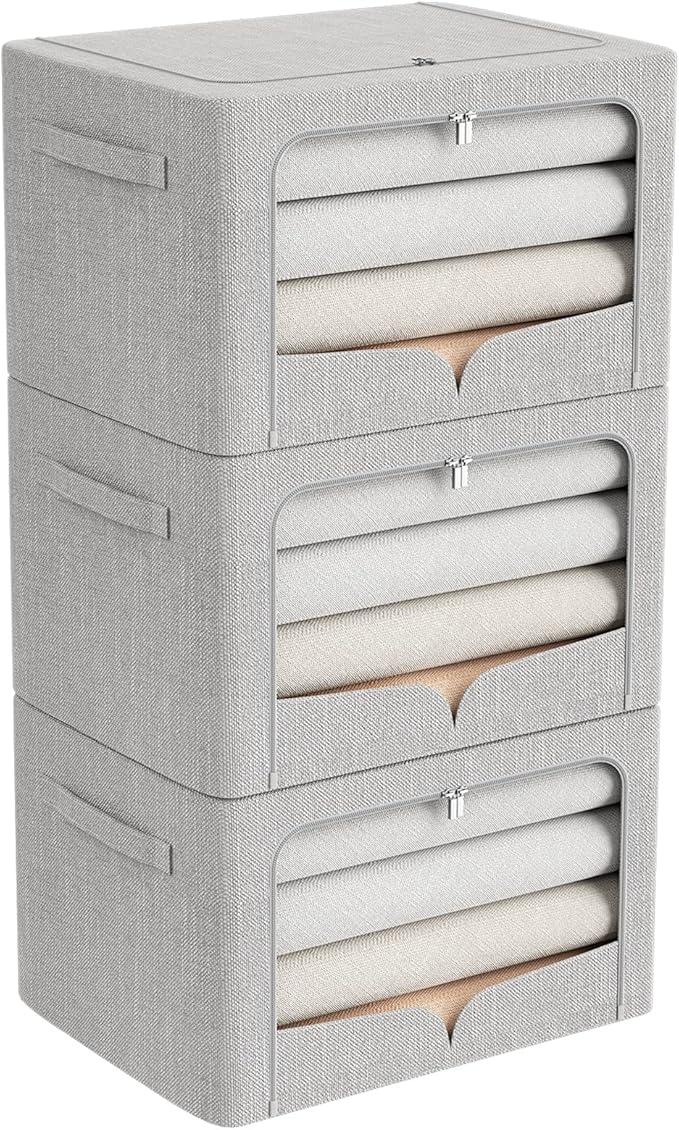 FHSQX 3 Pack Clothes Storage Bins - Foldable Metal Frame Storage Box - Stackable Linen Fabric Container Organizer Set with Carrying Handles and Clear Window (Light Gray, 15.7x11.8x7.8inch(22L))