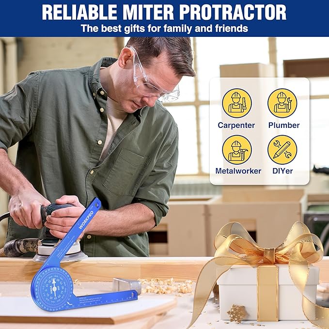 WORKPRO Aluminum Miter Saw Protractor, 7.3 Inch Angle Finder Featuring Precision Laser Engraved Scales for Inside and Outside Corner, Carpenters, Plumbers and All Building Trades, 360° Rotation, Blue