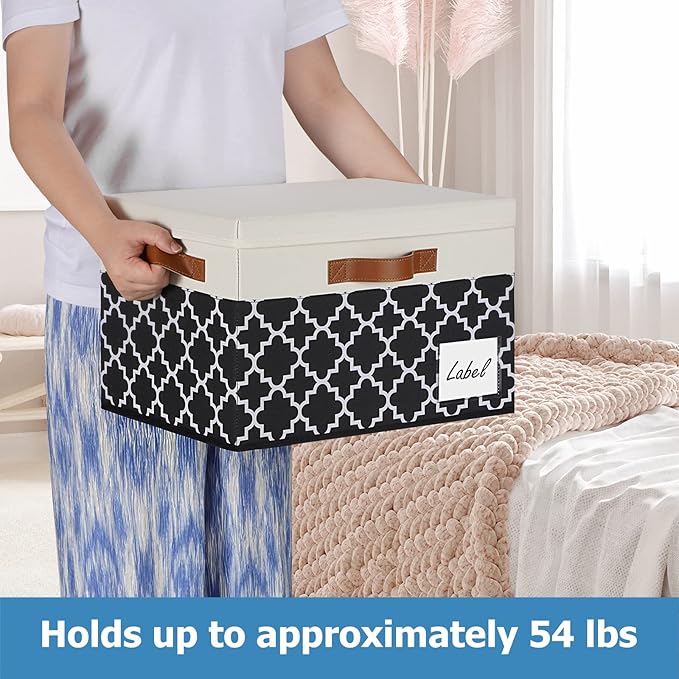 GhvyenntteS Extra Large Storage Bins with Lids, Foldable Fabric Storage Boxes with Lids and 3 Handles, Storage Baskets with Label Window (3 Pack, White&Lattice Black, 15.75x11.8x10.2)