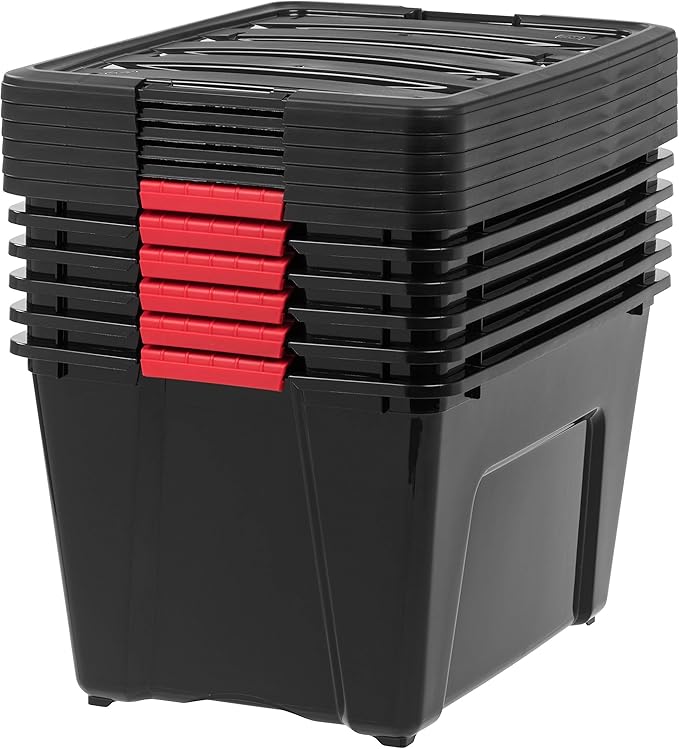 IRIS USA 54 QT Plastic Storage Box with Lid and Latches - 6 Pack - BPA-Free, Garage Organizing Solution, Durable Nestable Stackable Containers, Secure Pull Handle - Black