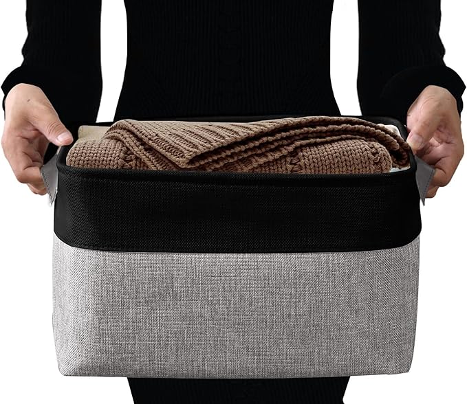 DECOMOMO Storage Baskets for Shelves - Fabric Storage Bins, Linen Closet Organizers and Storage (Grey & Black, Large - 4 Pack)