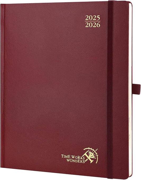 POPRUN Planner 2025-2026, (Large 8.5'' x 10.5'' Hard Cover) Academic Calendar (July 25-June 26) Daily Weekly and Monthly Appointment Book with Hourly Time Slots, Monthly Tabs, 100 GSM - Burgundy