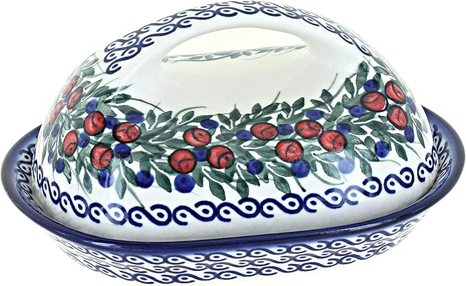 Blue Rose Polish Pottery - Red Berry Butter Dish - Fits 1 Stick - Ceramic Covered Butter Holder with Lid, Seasonal Collectible Kitchen & Tableware