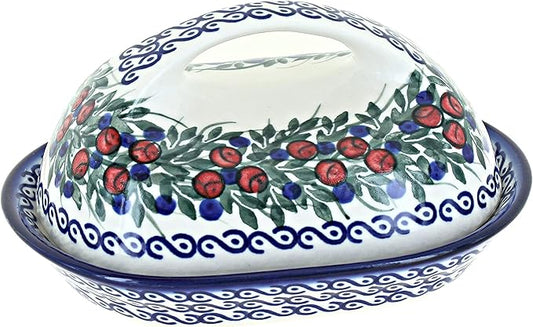 Blue Rose Polish Pottery - Red Berry Butter Dish - Fits 1 Stick - Ceramic Covered Butter Holder with Lid, Seasonal Collectible Kitchen & Tableware