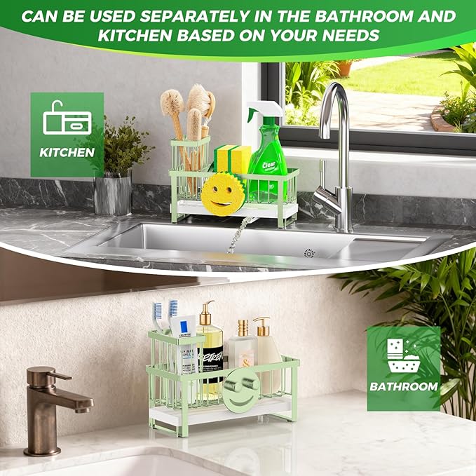 Sponge Holder for Kitchen Sink,Sink Caddy with Removable Dish Brush Holder,Self-Draining Kitchen Countertop Organizers and Storage Essentials,Soap Dispenser Organize and Home Decor-Green