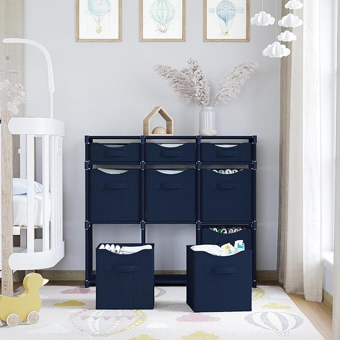 9 Cube Distressed Organizer with Drawers - Easy Assemble - Baby, Kids Dorm Room Organizer (Navy)