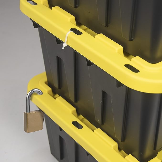 CX BLACK & YELLOW, 12-Gallon Heavy Duty Tough Storage Container & Snap-Tight Lid, (12.51H x 16.3W x 21.8D), Weather-Resistant Design and Stackable Organization Tote [4 Pack]