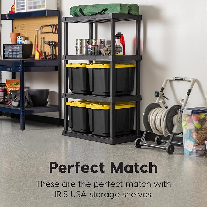 IRIS USA 12 Gallon Heavy Duty Truck Bed Toolbox Storage Tote Bins with Lids, 4 Pack - Made in USA, Tough Snap On Lockable Lid Stackable Industrial Rugged Tubs, Garage Organization Box - Black/Yellow