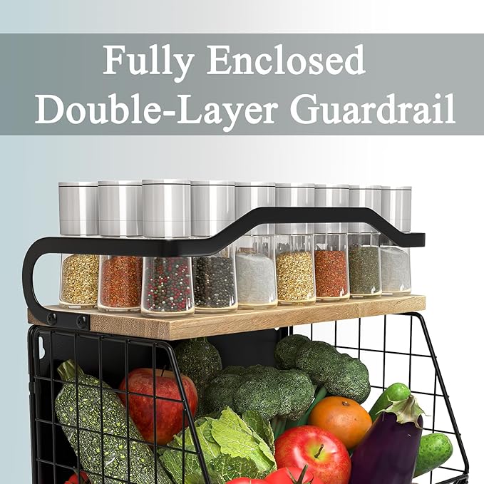 Magnetic Shelf for Fridge with Wood Lid, Heavy Duty Fruit Basket, Fruit Potato and Onion Storage Bins, Magnetic Spice Rack for Refrigerator, Black Hanging Wire Basket for Kitchen Counter