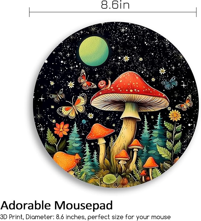 Mushroom Mouse Pad, Round Mouse Pads for Desk, Small Mini Travel Mousepad with Non-Slip Rubber Base for Work Wireless Computer Laptop, Cute Office Desk Accessories, 8.6 x 8.6 inch
