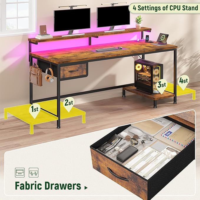 47.2 Inch Office Desk with Power Outlet & Ergonomic Monitor Stand,Gaming Desk with CPU Stand& LED Lights,Computer Desk with Drawer for Home Work,Study Redroom and Gaming,Small Spaces,Rustic Brown