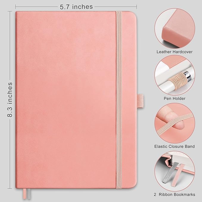 RETTACY Graph Grid Paper Notebook, 2-Pack, 192 Pages per Pack, A5 Medium Size (5.7'' x 8.3''), Leather Hardcover, 100 GSM Thick Paper, for School, Students, Math, Engineering (Black & Pink)
