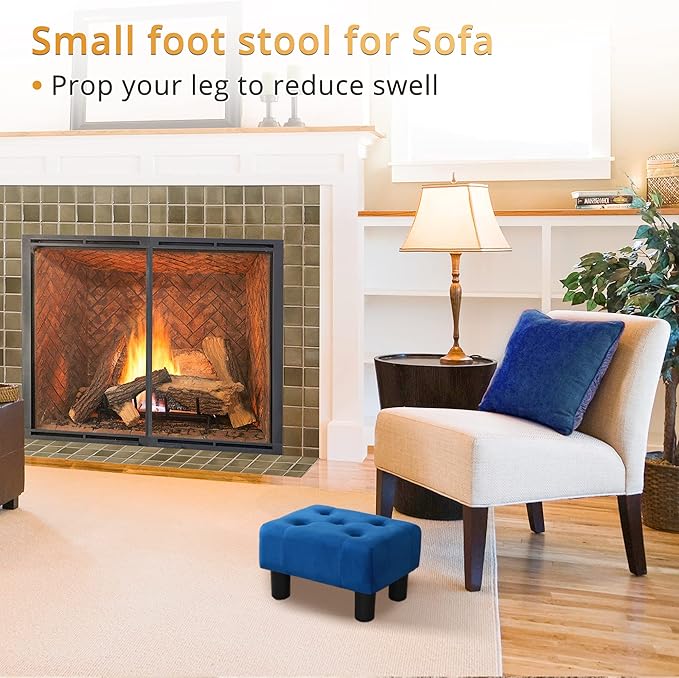 LUE BONA Small Tufted Foot Stool, Velvet Ottoman Elegant Foot Stools Ottoman with Plastic Legs, 9''H, Rectangle Footstool for Adult with Non-Slip Pads,Foot Rest for Living Room,Couch, Navy Blue