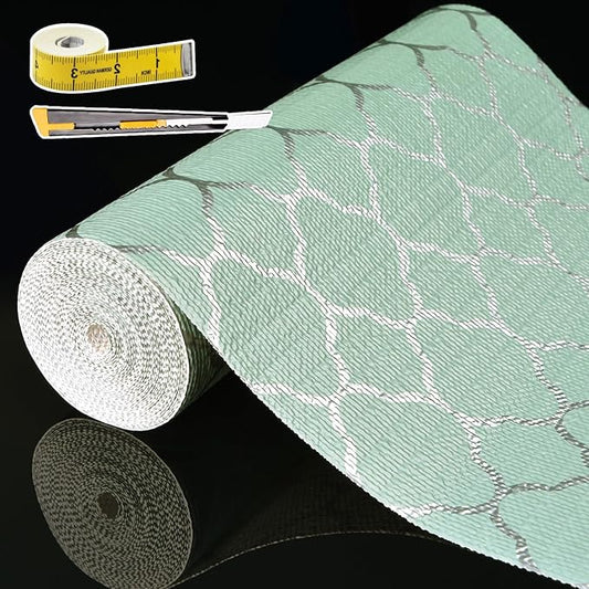Shelf Liners for Kitchen Cabinets Non Adhesive Drawer Liner 12in x 30FT Light Green Quatrefoil Thickened Shelf Liner Strong Non-Slip Easy to Clean for Tool Box Refrigerator with Knife and Tape Measure
