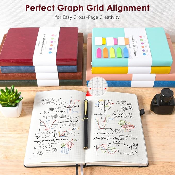 Graph Paper Notebook, 312 Numbered Pages A5 Hardcover Leather Journal, 100gsm No Bleed Grid Paper Notebook with Index Pages, Grid Notebook for Graphing Notes Math, 5.75" x 8.38", Burgundy