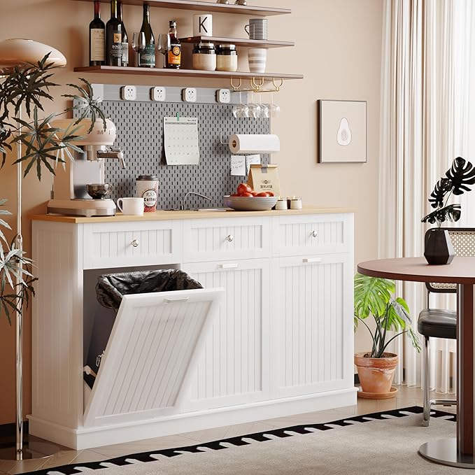 30 Gallon Tilt Out Trash Cabinet, Wooden Kitchen Trash Can Cabinet with Hideaway Drawer, Freestanding Laundry Hamper Garbage Recycling Cabinet on Wheels, Pet Proof, Triple, White