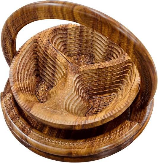 Handmade 12″ Collapsible Wooden Basket, 3-Compartment Angel Wings Design in Himalayan Rosewood, Fruit Basket, Bread Bowl & Trivet, Folds Flat for Easy Storage – Unique Centerpiece & Gift