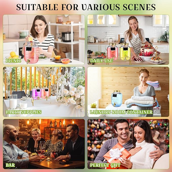 Lallisa 2 Pcs 2 Gallon Glass Drink Dispenser with Stand Ice Cylinder Hanging Chalkboard Signs 18/8 Stainless Steel Spigot Beverage Dispensers for Parties Mason Jar Drink Lemonade (Gold)