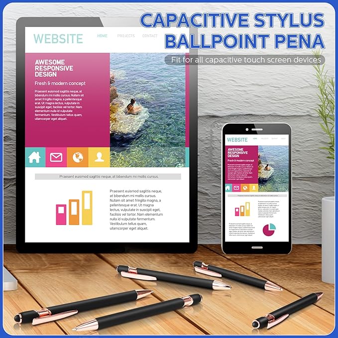 12 Pieces Ballpoint Pen with Stylus Tip, 1.0 mm Black Ink Metal Pen Stylus Pen for Touch Screens, 2 in 1 Stylus Ballpoint Pen (Black and Rose Gold)