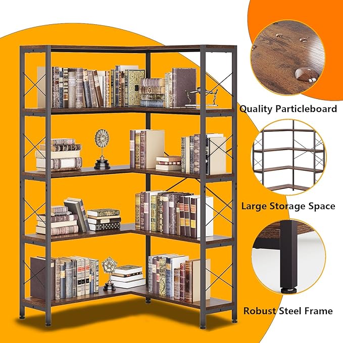 5-Shelf Corner Bookshelf, Vintage Industrial L-Shaped Bookshelf Etagere Bookcase, Large Book Shelf with Metal Frame Open Storage Corner Cabinet (Retro Brown-5 Shelf)