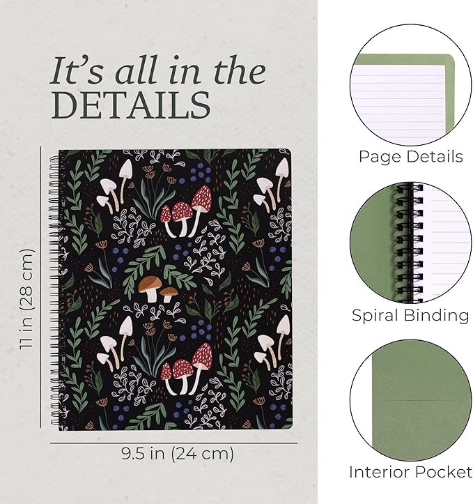 Steel Mill & Co Cute Large Spiral Notebook College Ruled, 11" x 9.5" with Durable Hardcover and 160 Lined Pages, Mushroom